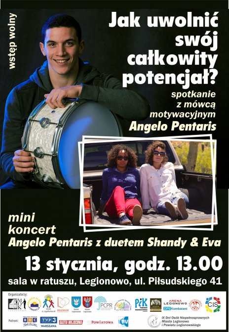 Wykład motywacyjny z Angelo Pentarisem pt. "Jak uwolnić swój całkowity potencjał" oraz na mini koncert Angelo z duetem Shandy & Eva