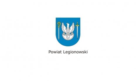 Herb Powiatu Legionowskiego. Biały orzeł na niebieskiej tarczy, po bokach figury heraldyczne miecz i pastorał.