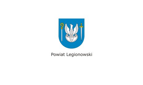 Herb Powiatu Legionowskiego. Biały orzeł na niebieskiej tarczy, po bokach figury heraldyczne miecz i pastorał.