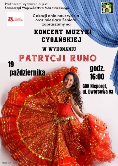 Plakat zapraszający na koncert muzyki cygańskiej w wykonaniu Patrycji Runo, szczegółowe informacje w aktualności