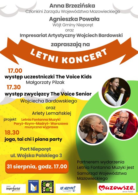 Zdjęcie przedstawia plakat letnich koncertów, które odbędą się w Porcie Nieporęt