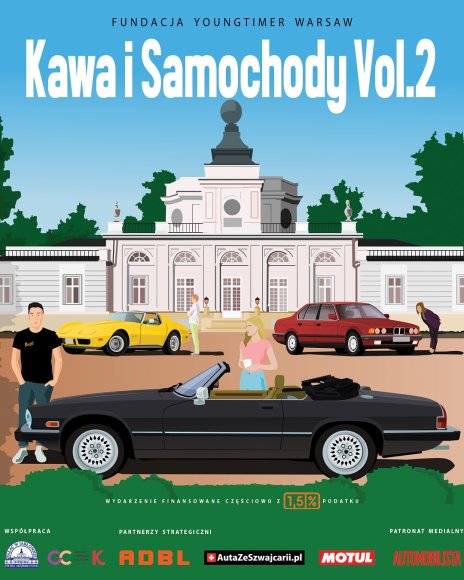 Zdjęcie przedstawia grafikę z zaparkowanymi samochodami przez pałacem
