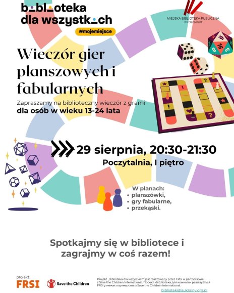 Zdjęcie przedstawia pole gry planszowej w ramach tła do plakatu Wieczór gier planszowych i fabularnych