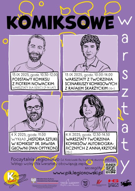 Na zdjęciu komiks na fioletowym tle z listą warsztatów