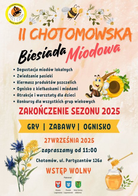 Na jasnym plakacie widoczne sa pszczoły, miód i kwiaty