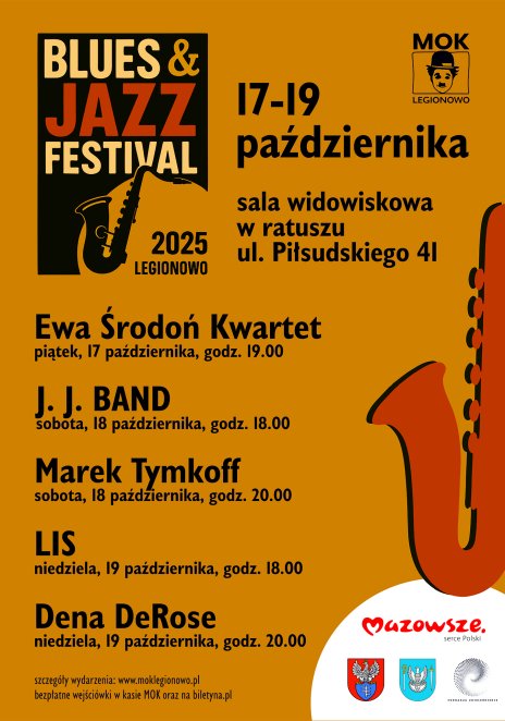 Na zdjęciu na musztardowym tle widoczny jest program wydarzenia, dodatkowo z boku umieszczony jest pomarańczowy saksofon