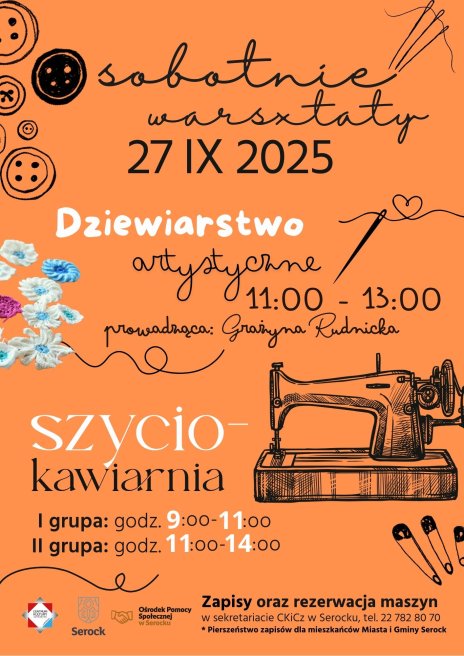 Na pomarańczowym plakacie widoczna jest maszyna do szycia, guziki i igła krawiecka