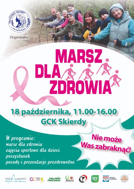 Na plakacie w centralnej części znajduje się różowa wstążka, a nad nią zdjęcie osób uprawiających nordic walking