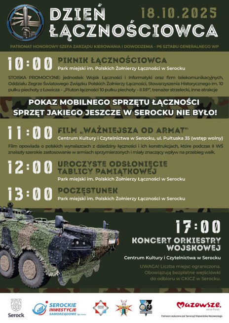 Plakat z opisem wydarzeń z w militarnych kolorach