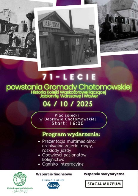 Na plakacie historyczne zdjęcia kolejki wąskotorowej i dworca PKP Jabłonna