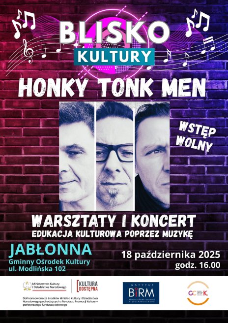 Na plakacie, gdzie tłem jest ściana z cegieł-różowo fioletowych widoczne są zdjęcia profilowe artystów koncertu