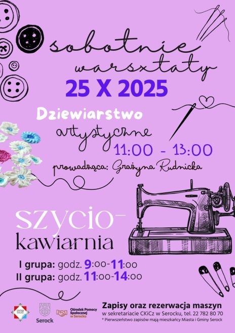 Na plakacie różowe tło z grafikami maszyny do szycia, igieł i guzików