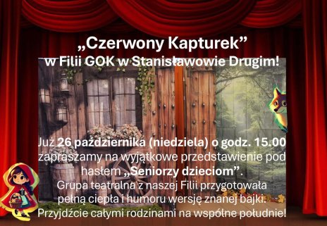 Na plakacie grafika wilka i czerwonego kapturka