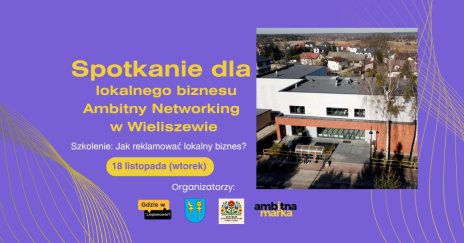 Fioletowa grafika ze zdjęciem budynku