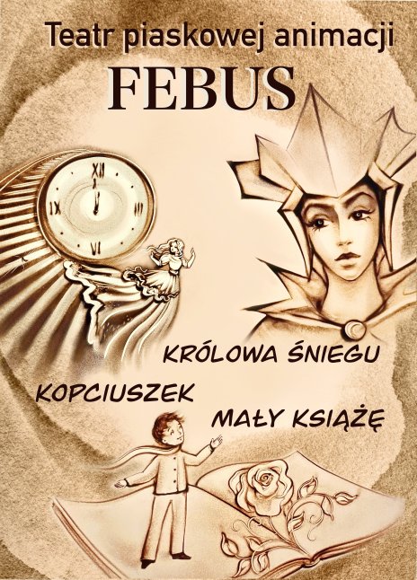 Na plakacie piaskowe postaci z bajek