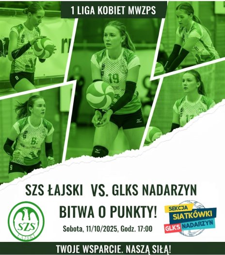 Na zdjęciu siatkarki, plakat zapraszający na mecz piłki siatkowej