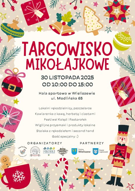 Na zdjęciu widoczny jest duży czerwony napis targowisko mikołajkowe i harmonogram wydarzenia na białym tle wokół ze świąteczną ramką
