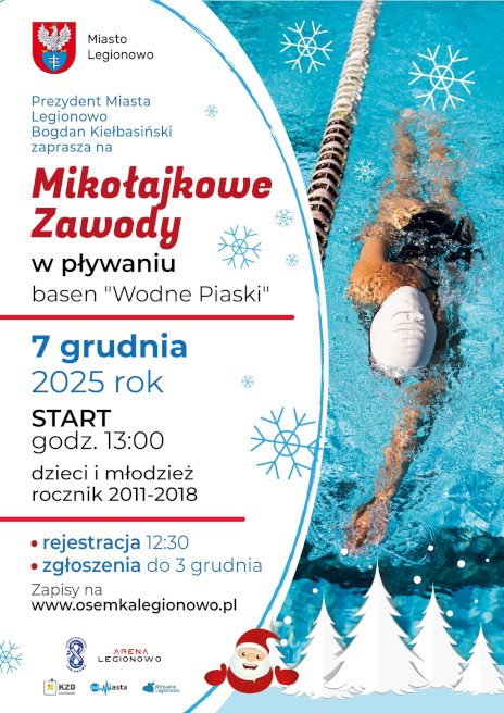 Na zdjęciu po prawej stronie widać płynące w basenie dziecko, po lewej stronie na białym tle harmonogram wydarzenia