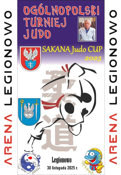Biało-fioletowy plakat z herbem Powiatu Legionowskiego