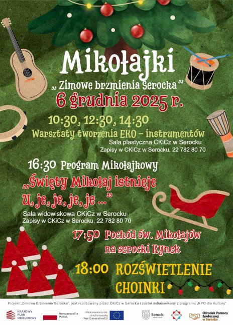 Zdjęcie z zielonym tłem, na środku harmonogram wydarzeń ze świątecznymi dekoracjami wokół