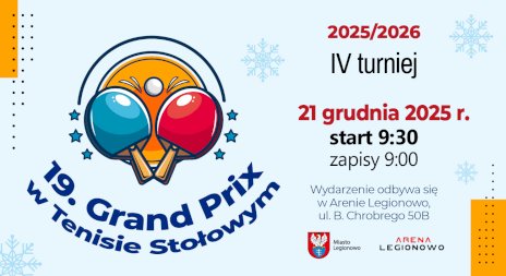 Plakat z niebieskim tłem i skrzyżowanymi rakietkami do tenisa stołowego