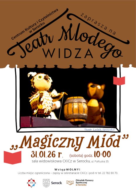 Na zdjęciu widać kukiełki sówkę i misia oraz garczek z miodem