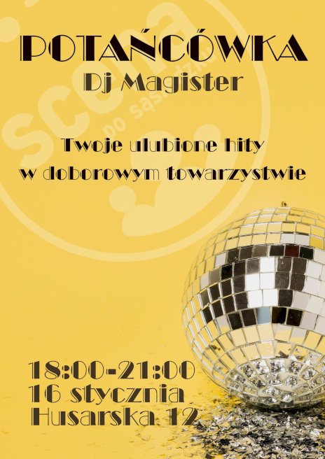 Grafika z żółtym tłem i kulą dyskotekową znajdującą się w prawnym dolnym rogu