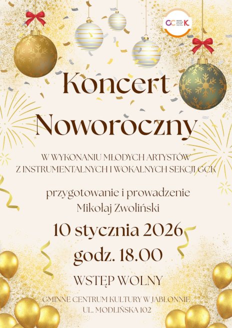 Na złotym tle z dekoracjami w postaci złotych balonów, serpentyn i świątecznych bombek widnieje zaproszenie na koncert noworoczny