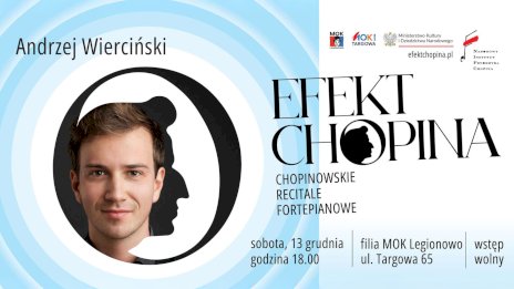 Zdjęcie jest podzielone kolorystycznie, po prawej stronie biało tło, po lewej niebieskie i znajduje się na nim w okrągłej ramce zdjęcie Andrzeja Wiercińskiego wklejone w czarny profil Chopina