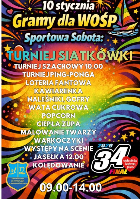 Kolorowo-tęczowy plakat wielkiej orkiestry świątecznej pomocy