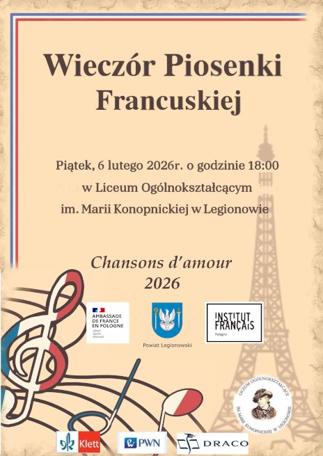 Plakat z tłem przypominającym stary, pożółkniały papier, z wieżą Eiffla i nutami w kolorach francuskiej flagi niebiesko-biało-czerwonych