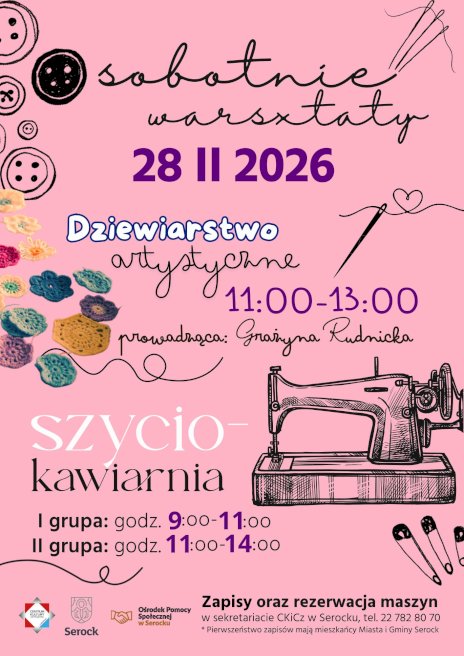 Na różowym tle widać czarne grafiki maszyny do szycia, guzików i igły do szycia