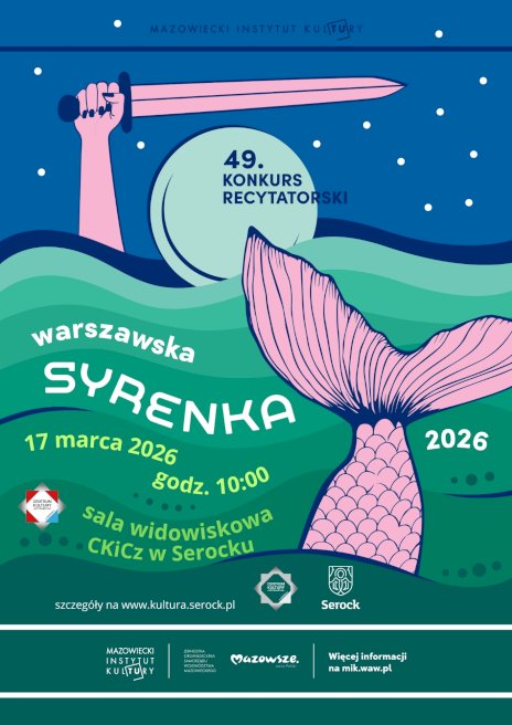 Różowy ogon Syrenki Warszawskiej i jej miecz widoczne są na tle fal zielonej wody