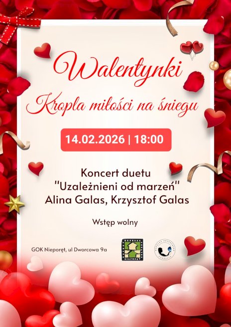 Na zdjęciu na środku znajduje się czerwony tytuł koncertu, a wokół widnieją czerwone serca