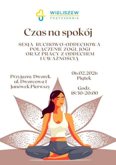 Na grafice widać na środku siedzącą i medytującą kobietę