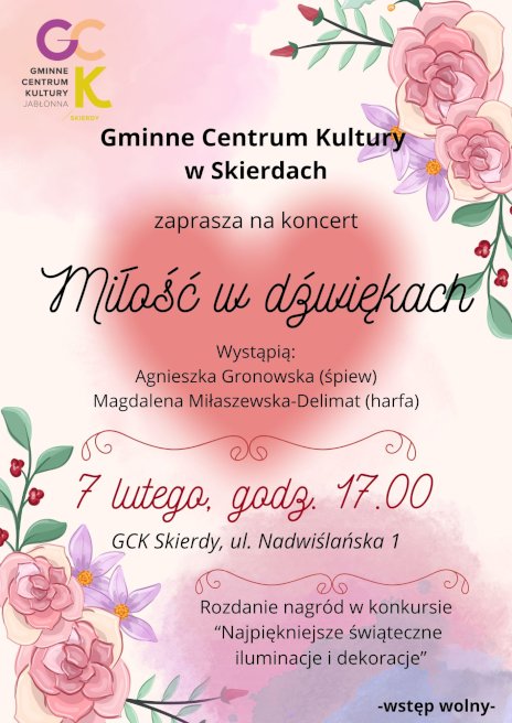 Na środku plakatu widnieje duże czerwone serce, a wokół znajdują się pastelowe kwiaty