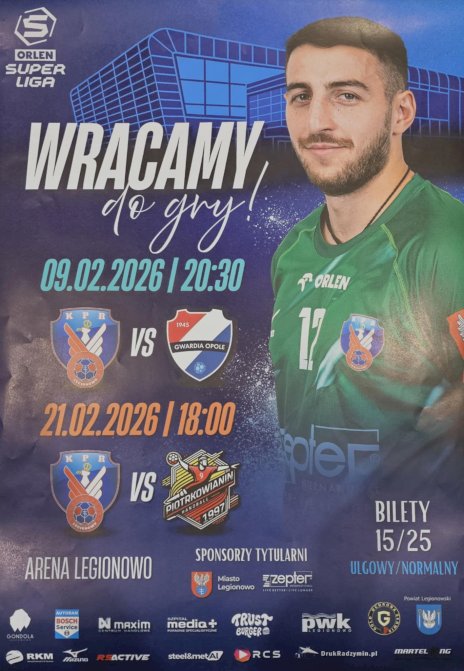 Na granatowym tle w prawym górnym rogu widać jednego z graczy piłki ręcznej