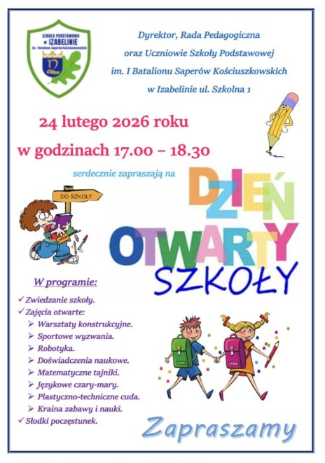 Na plakacie widać kreskówkowe postaci uczniów idących do szkoły