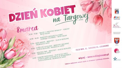 Na różowym tle widać bukiet różowych tulipanów i harmonogram wydarzenia