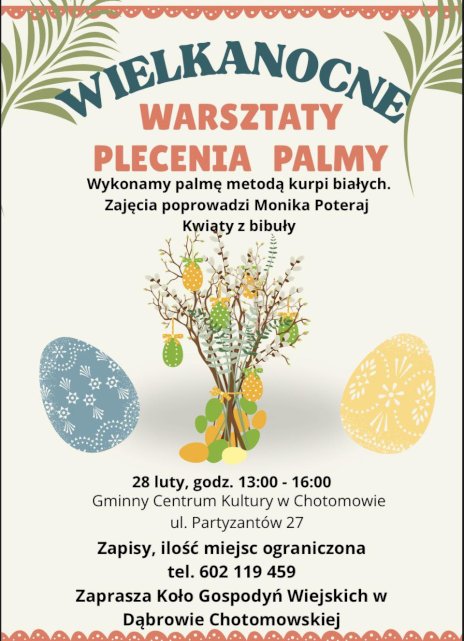 Na plakacie widać niebieską i żółtą pisankę oraz pęczek bazi