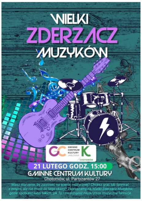 Na zielonym zdjęciu na środku widać instrumenty w tym perkusje i fioletowa gitarę