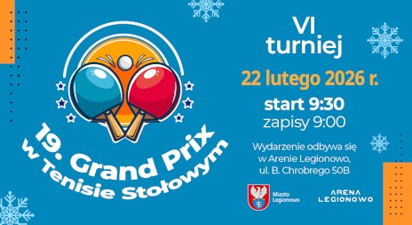 Na niebieskim tle widoczne są dwie skrzyżowane paletki do tenisa stołowego