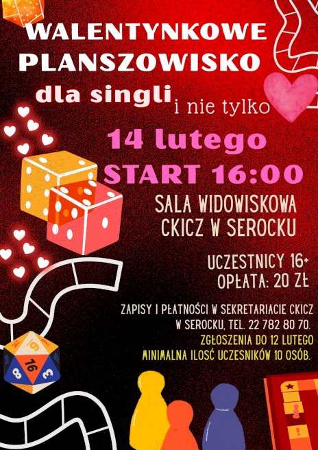Na czerwono-czarnym plakacie widać kostki do gry i serca