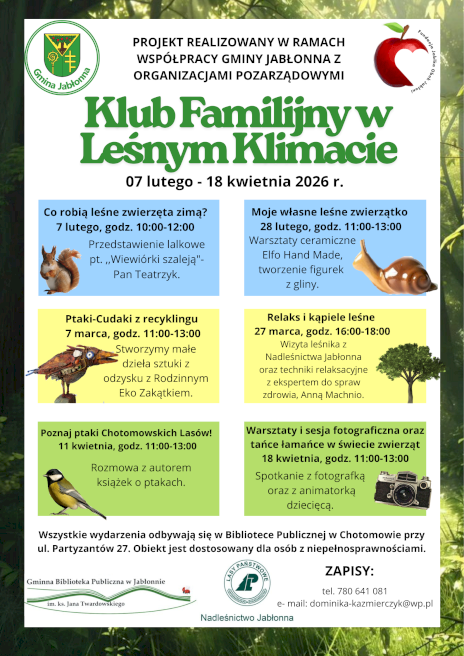 Zielony plakat z podzielonymi na sześć prostokątów przestrzeniami, gdzie opisane są wszystkie oferowane zadania