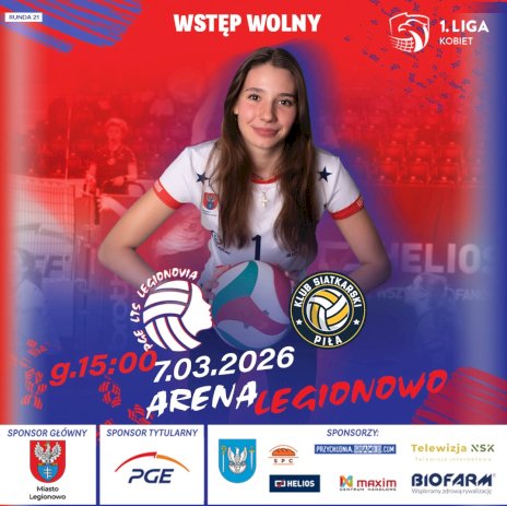 Na zdjęciu młoda siatkarka z piłką w ręku otoczona granatowo-czerwonym tłem