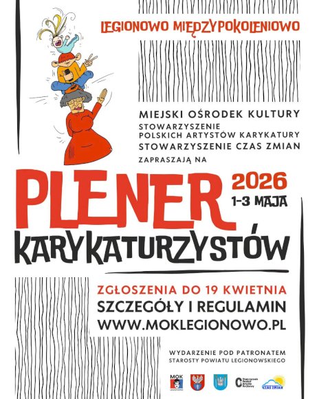 Biało-czarny plakat z zabawną karykaturą trzech pokoleń w lewym górnym rogu