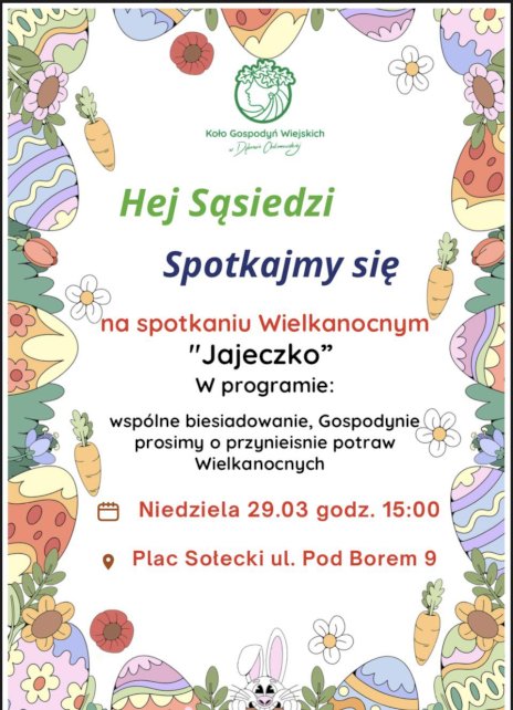Plakat wygląda jak świąteczna pocztówka z wielkanocną ramką