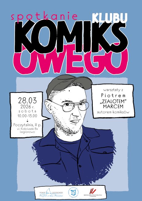 Niebieski plakat z postacią mężczyzny narysowaną stylem komiksowym