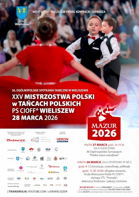 Plakat wydarzenia ze zdjęciem młodej tancerki w czerwonej sukience i młodego tancerza elegancko ubranego w granitur