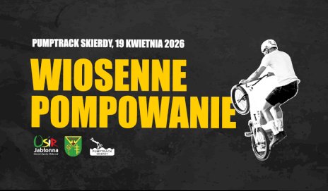 Na czarnym tle widać duży żółty napis wiosenne pompowanie i po prawej stronie białą postać na rowerze stojący na tylnym kole